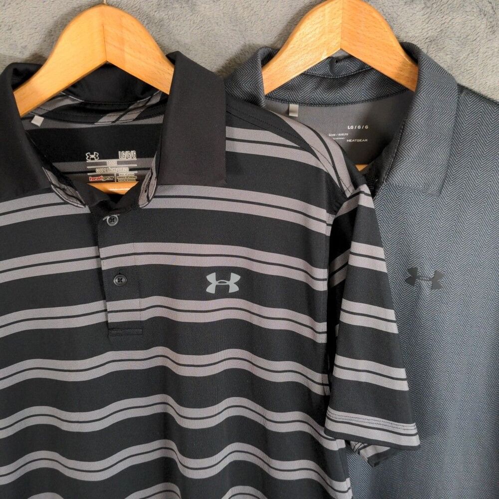 Lot Of 2 Under Armour Golf Polo Shirts Sz Large Gray & Black Loose Fit Heatgear